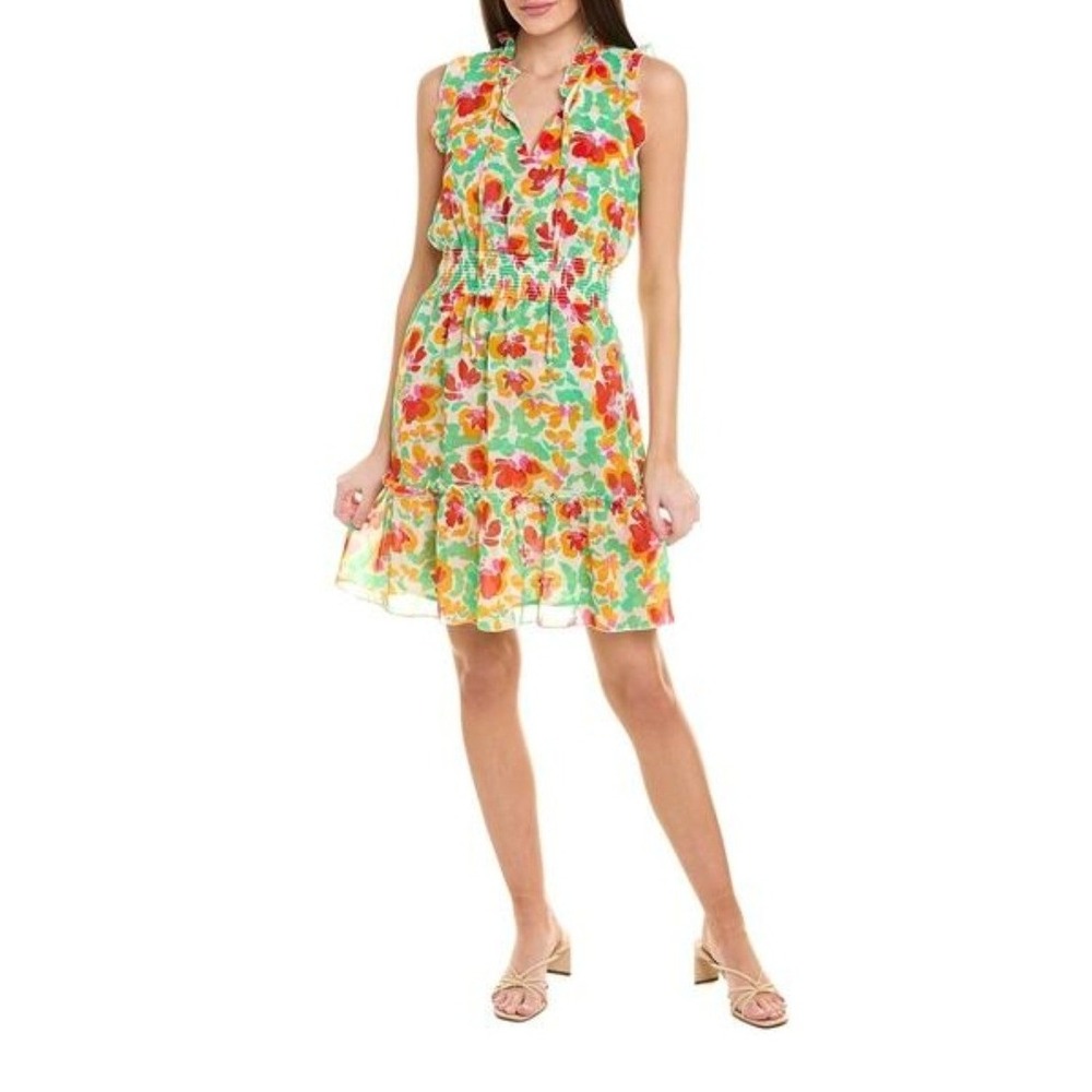 CAbi Spirit Abstract Floral Sleeveless V-Neck Ruffle Smocked Waist Dress Sz XXL